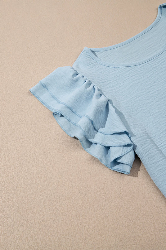 DLLS452 - Ladies Mist Blue Solid Color Ruffled Short Sleeve Casual Blouse