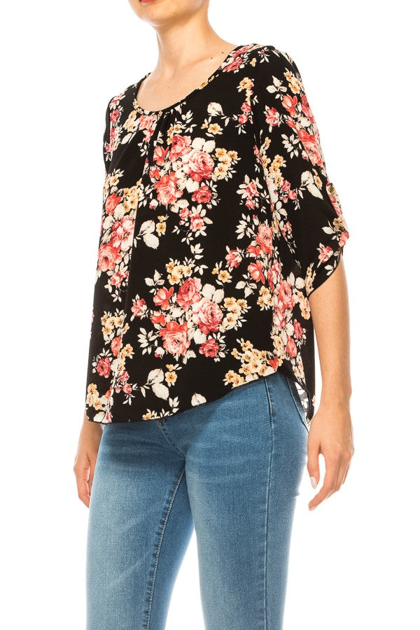 Load image into Gallery viewer, MOATSHT17 - Ladies Black Floral Print, Round Neck Top
