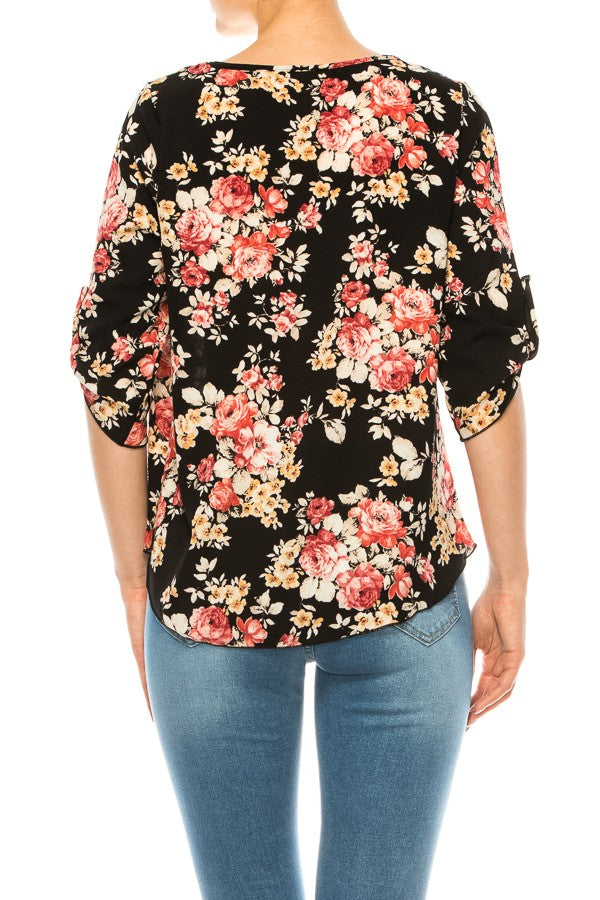 Load image into Gallery viewer, MOATSHT17 - Ladies Black Floral Print, Round Neck Top
