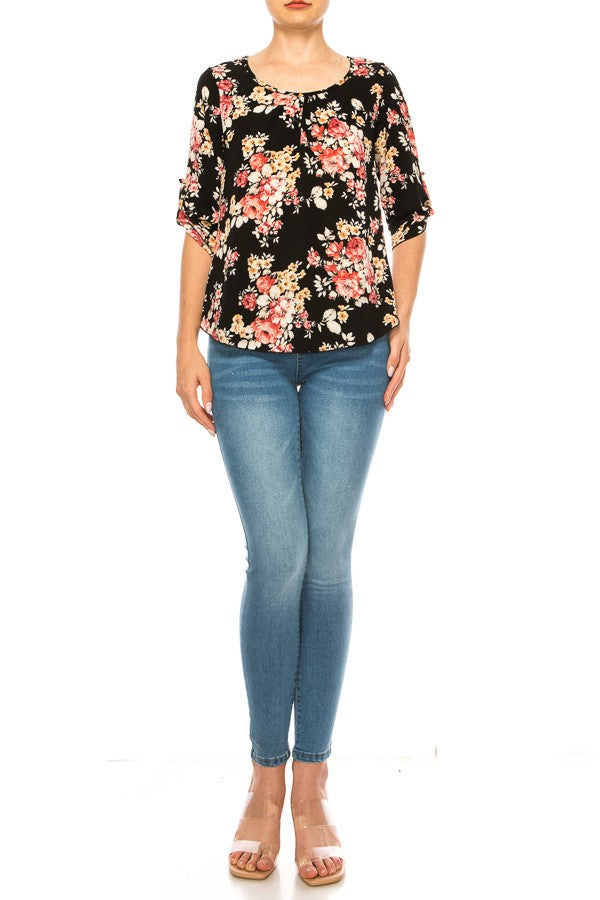 Load image into Gallery viewer, MOATSHT17 - Ladies Black Floral Print, Round Neck Top
