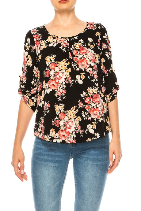MOATSHT17 - Ladies Black Floral Print, Round Neck Top
