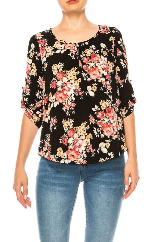 MOATSHT17 - Ladies Black Floral Print, Round Neck Top