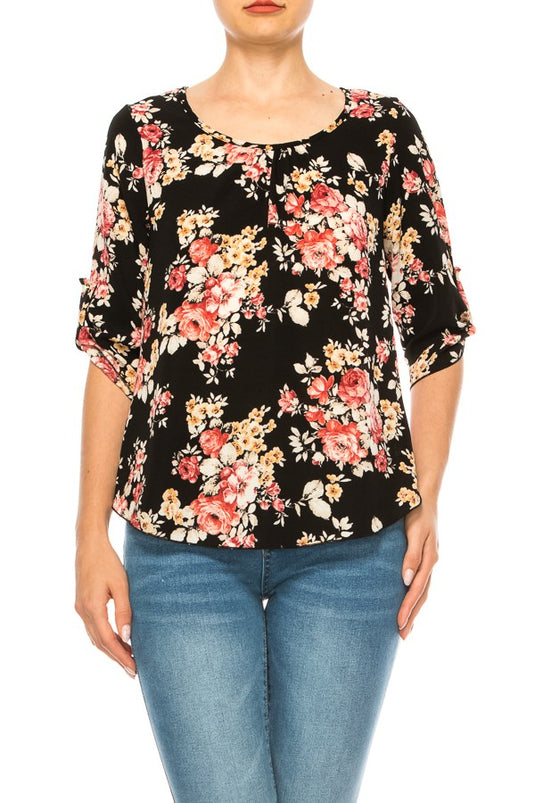 MOATSHT17 - Ladies Black Floral Print, Round Neck Top