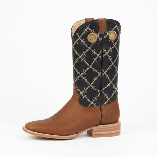 1240 - RockinLeather Men's Honey Brown Cowhide Boot W/Barbed Wire Upper