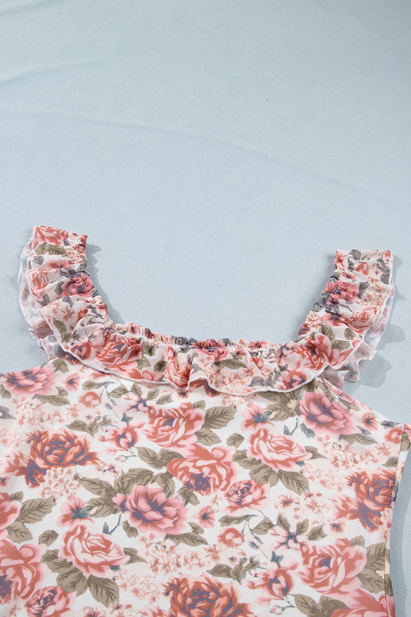 Load image into Gallery viewer, DLLS620 - Ladies Multicolor Retro Floral Ruffle Trim Square Neck Tank Top
