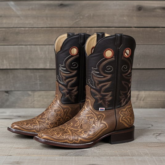 1238 - RockinLeather Men's Antique Brown Stamped Cowhide Leather Boot