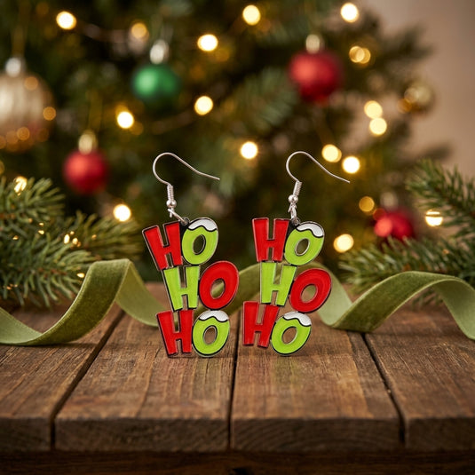 DLLER34 - Ladies Green HO HO HO Dangle Christmas Earrings
