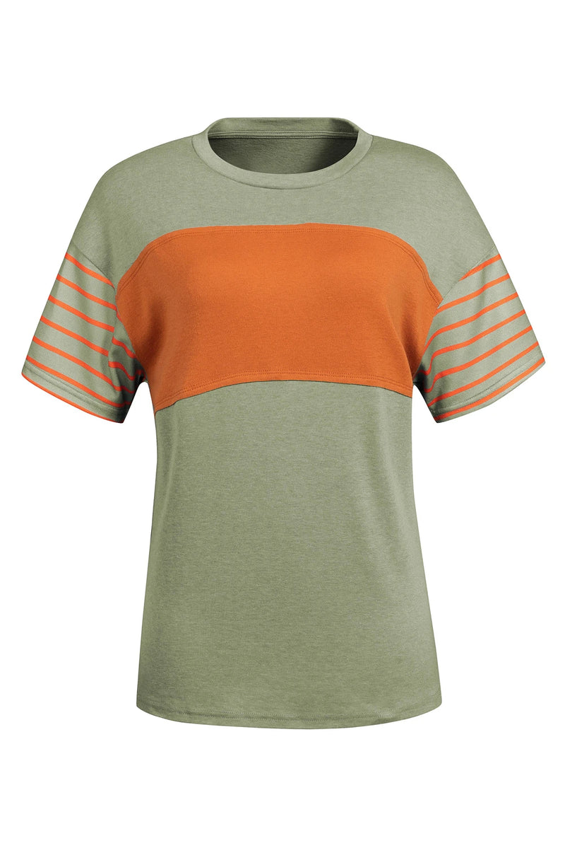 Load image into Gallery viewer, DLLS542 - Ladies Laurel Green Color Block Striped Detail Loose T Shirt
