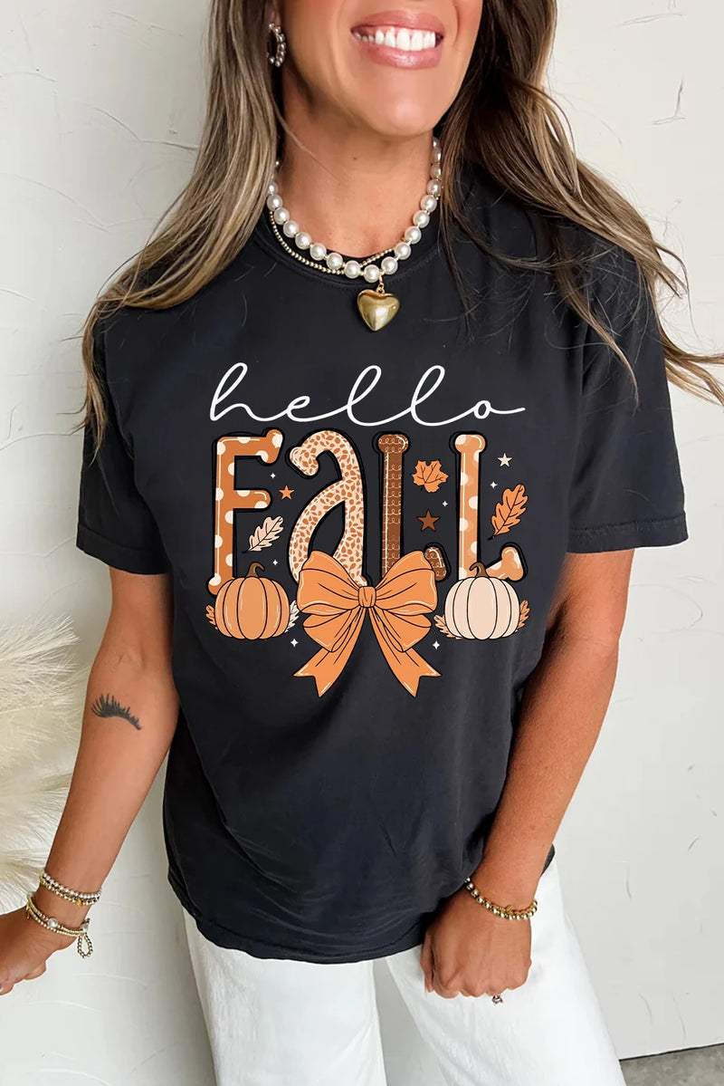 Load image into Gallery viewer, DLLS991 - Ladies Black Hello Fall Thanksgiving Bow Pumpkin Graphic Tee
