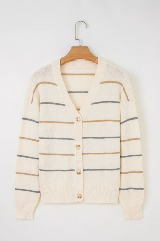 DLLS190 - Ladies Multicolour Striped Buttoned Front V Neck Drop Shoulder Cardigan Sweater