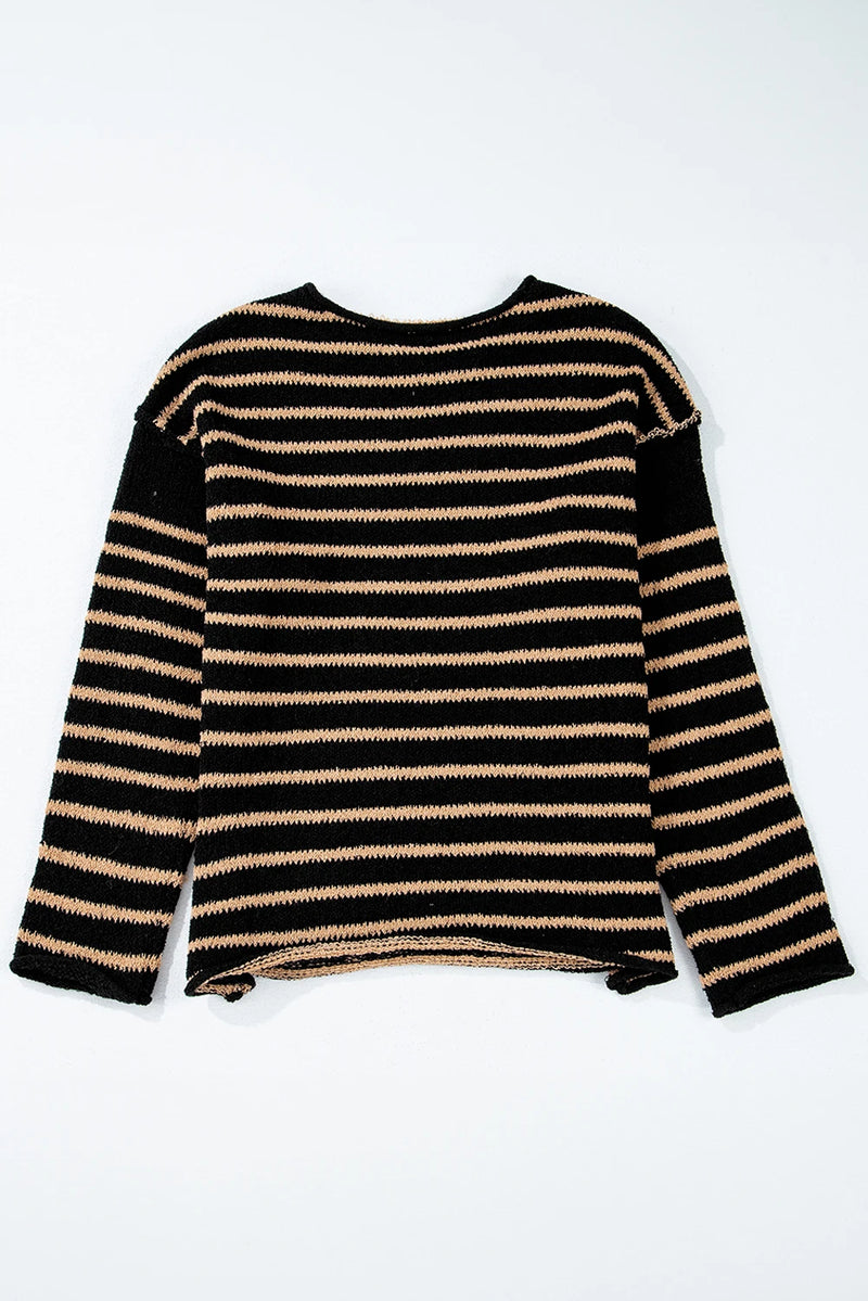Load image into Gallery viewer, DLLS135 - Ladies Black Stripe Drop Shoulder Round Neck Loose Sweater

