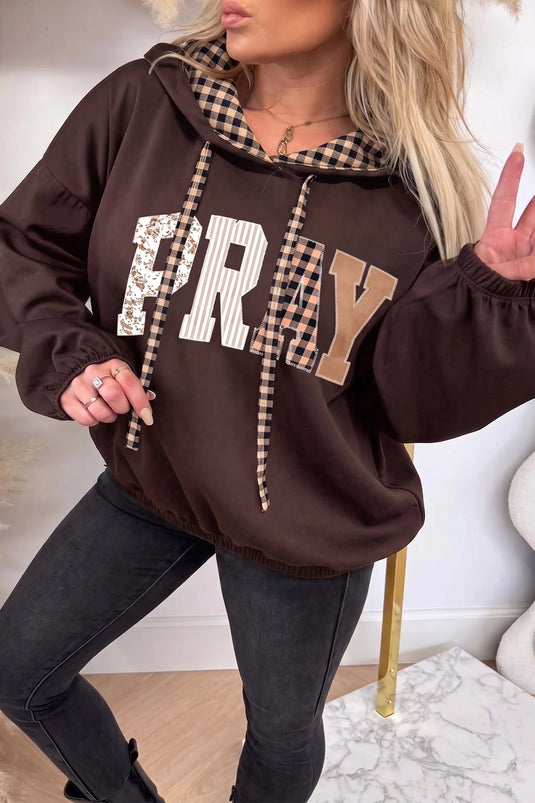 DLLS980 - Ladies Chicory Coffee PRAY Letter Graphic Plaid Contrast Drawstring Hoodie