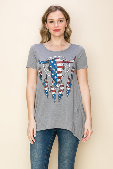 20695S  CHARCOAL - GRAPHIC PRINTED RHINESTONES TOP