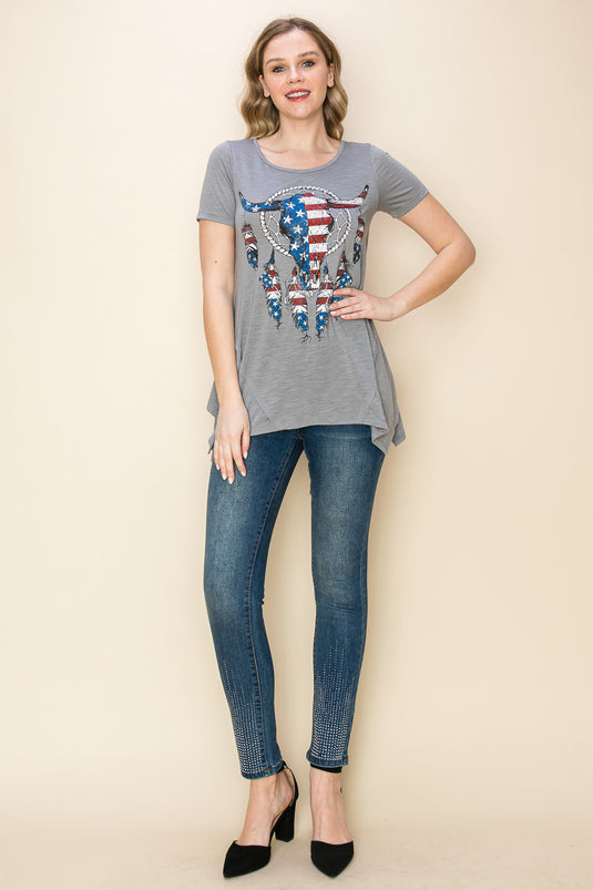 20695S  CHARCOAL - GRAPHIC PRINTED RHINESTONES TOP