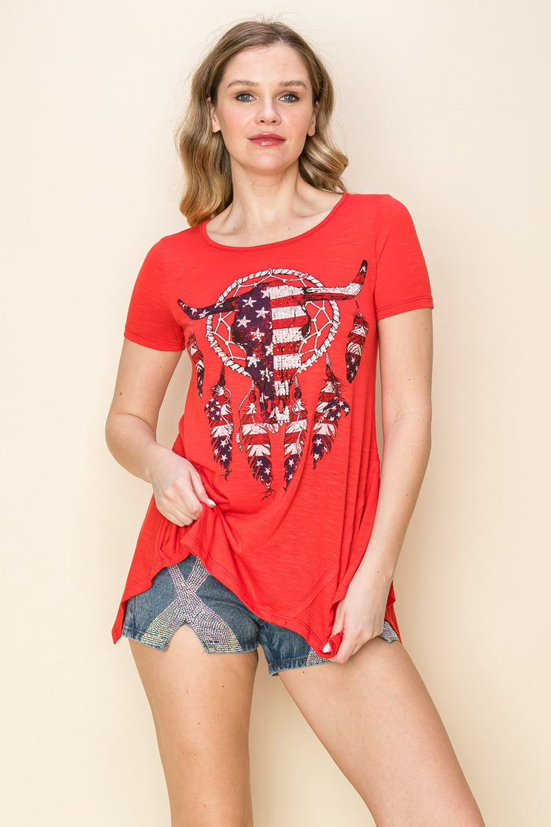 Load image into Gallery viewer, 20695S  RED - RHINESTONES GRAPHIC PRINTED TOP
