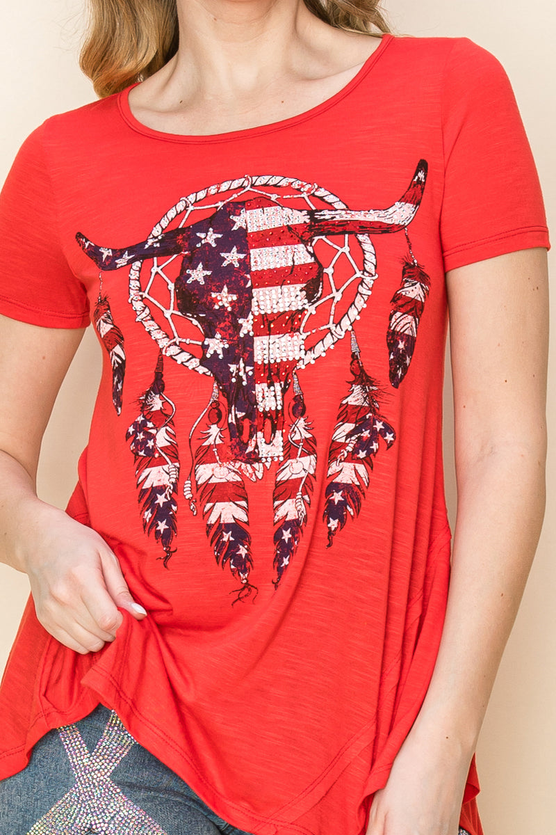 Load image into Gallery viewer, 20695S  RED - RHINESTONES GRAPHIC PRINTED TOP
