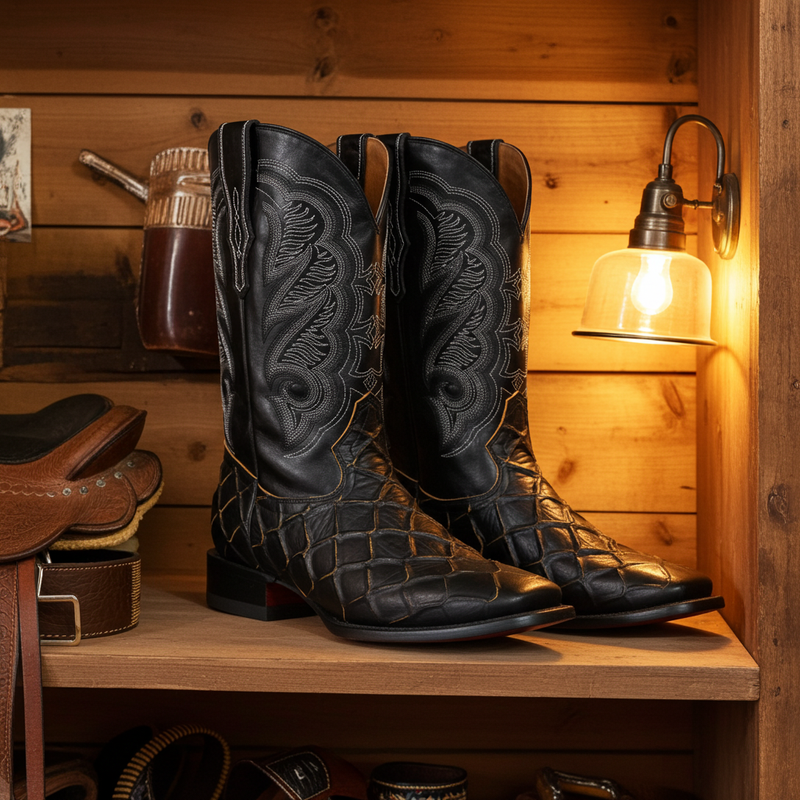 Load image into Gallery viewer, CP1702 - Cowboy Prayer Pirarucu Print w/Yellow Underlay Cowboy Boots
