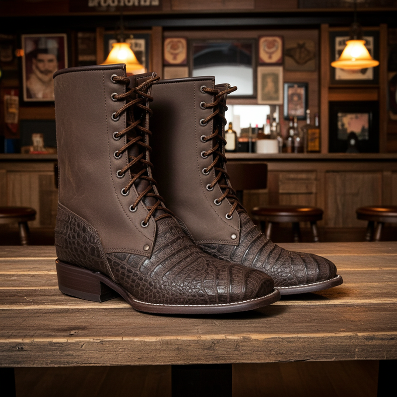 Load image into Gallery viewer, CP5002 - Cowboy Prayer Men&#39;s Gator Print Lace Up Packer Boots
