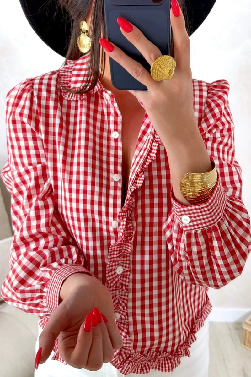 Load image into Gallery viewer, DLLS785 - Ladies Red Plaid Long Sleeve Button Down Frill Detail Casual Shirt
