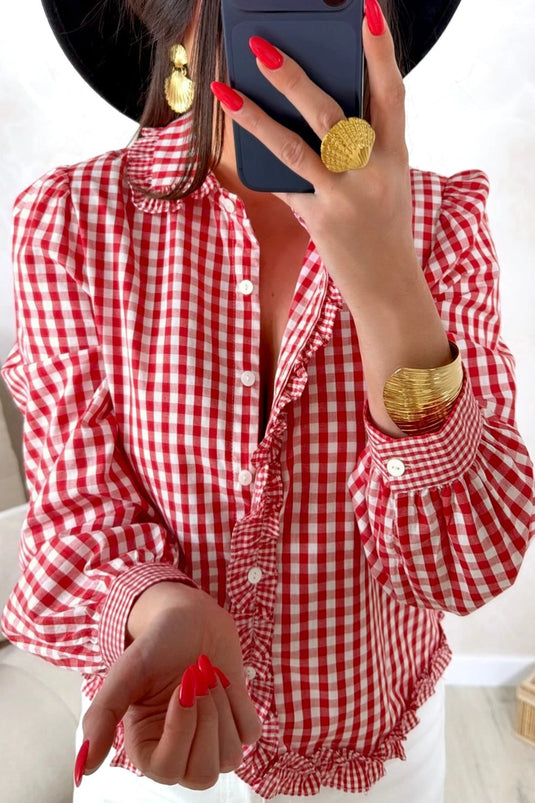 DLLS785 - Ladies Red Plaid Long Sleeve Button Down Frill Detail Casual Shirt