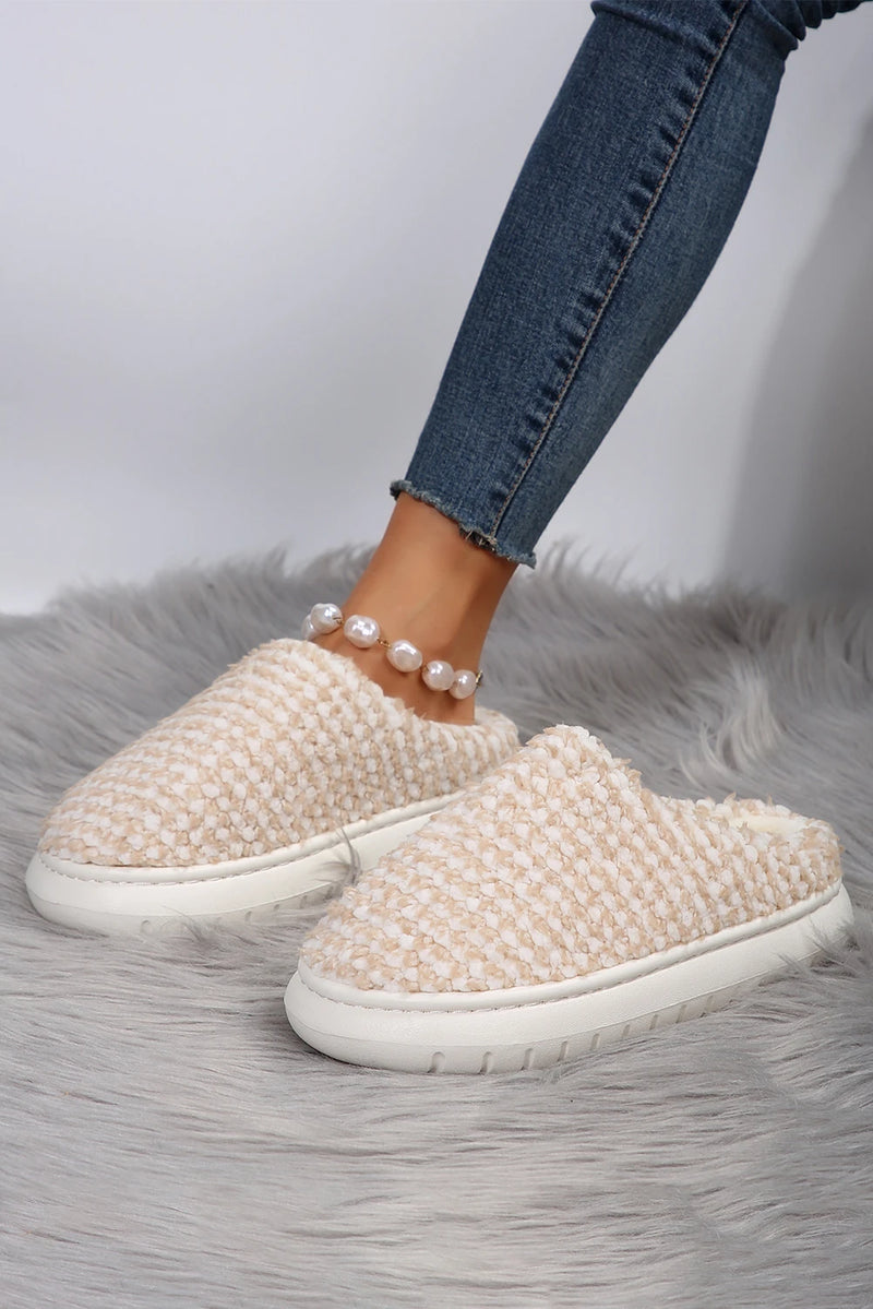 Load image into Gallery viewer, DLLSHOE 193 - Pale Khaki Two-Tone Knitted Warm Homewear Slippers
