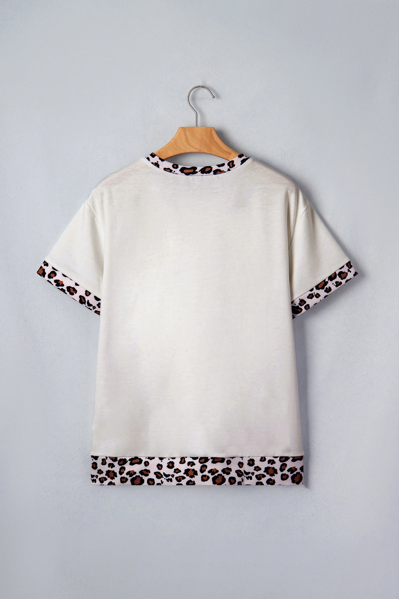 Load image into Gallery viewer, DLLS587 - Ladies White Ribbed Leopard Patchwork Uneven Hem T Shirt
