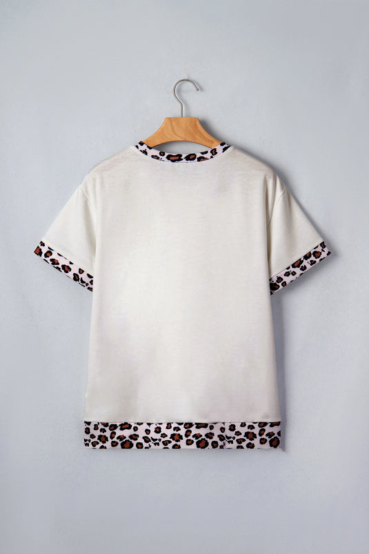 DLLS587 - Ladies White Ribbed Leopard Patchwork Uneven Hem T Shirt