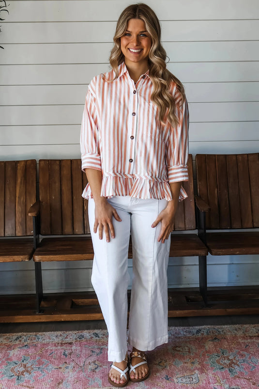 DLLS679 - Ladies Khaki Striped Shirt Bracelet Sleeve Shift Silhouette Casual Wear