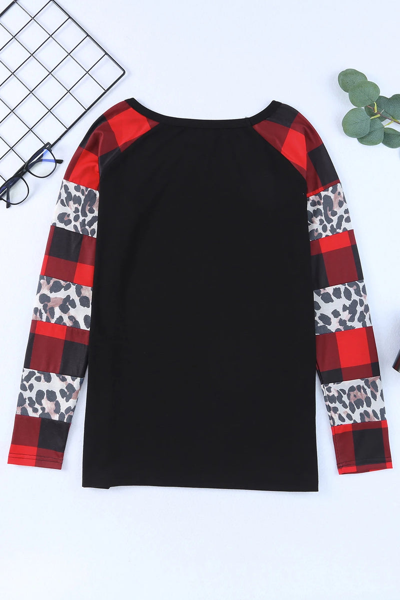 Load image into Gallery viewer, DLLS277 - Ladies Black Off Shoulder Plaid &amp; Leopard Print Long Sleeve Top
