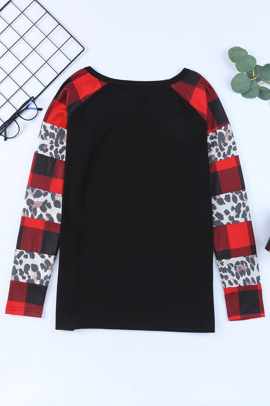 DLLS277 - Ladies Black Off Shoulder Plaid & Leopard Print Long Sleeve Top