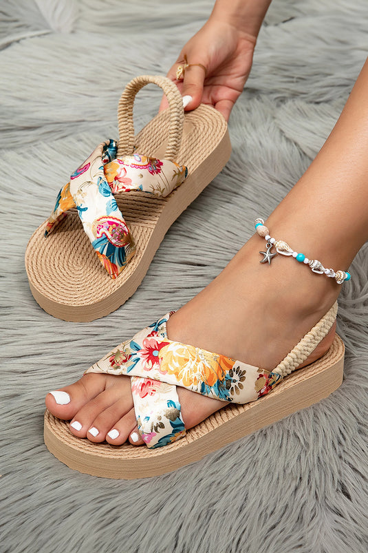 DLLSHOE 73 - Parchment Floral Crossed Band Straw Woven Platform Sandals