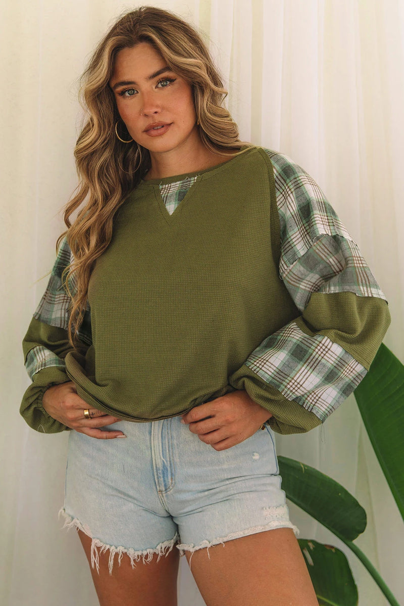 Load image into Gallery viewer, DLLS1145 - Ladies Green Plaid Patch Waffle Knit Exposed Seam Bubble Sleeve Top
