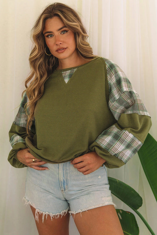 DLLS1145 - Ladies Green Plaid Patch Waffle Knit Exposed Seam Bubble Sleeve Top