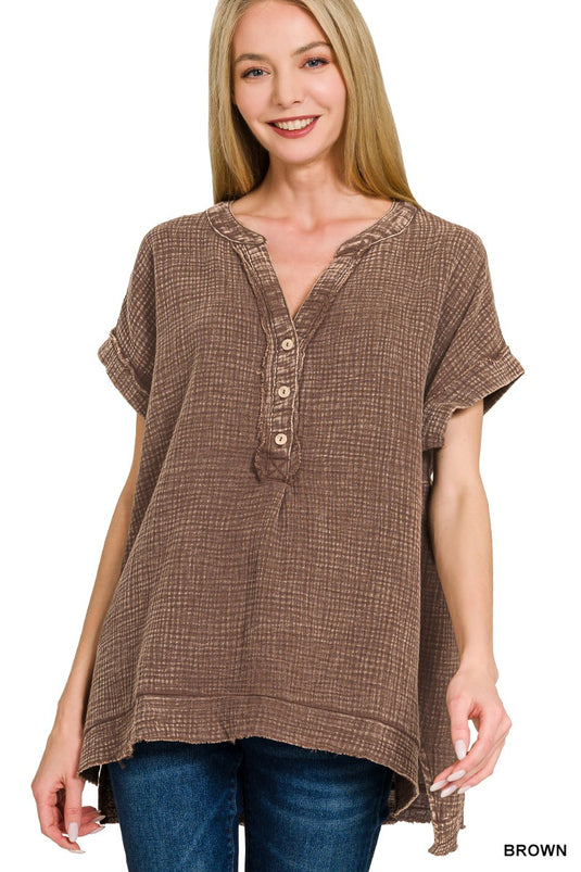 ZEN 2 - Ladies Washed Double Gauze 3/4 Button Henley Neck Shirt