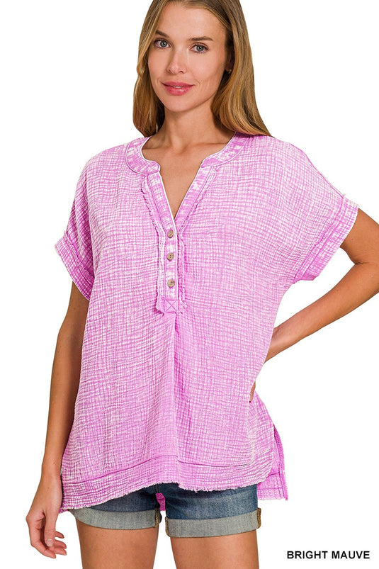 ZEN 1 - Ladies Washed Double Gauze 3/4 Button Henley Neck Shirt