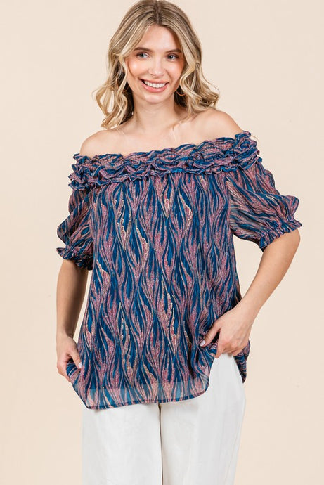 JODIFIL 5 - Ladies Teal Shiny Swirl Print Top