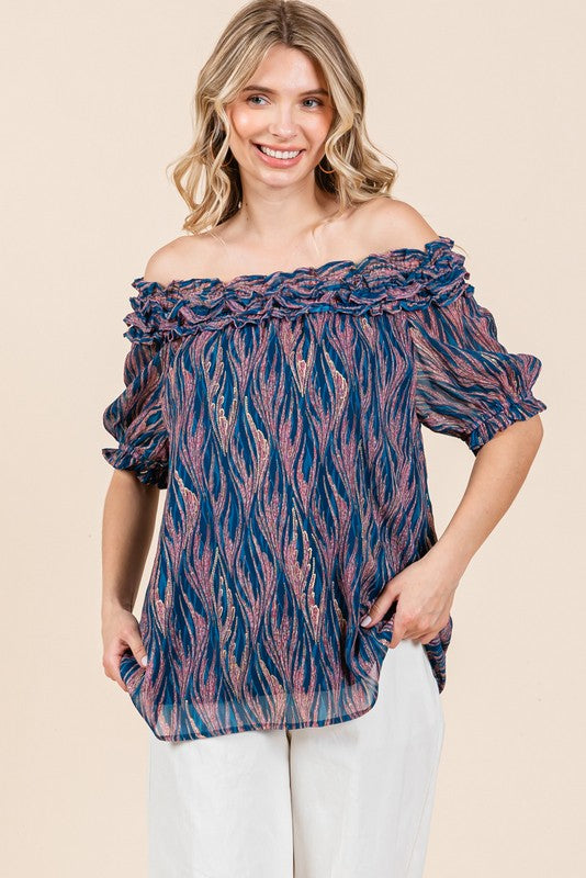 JODIFIL 5 - Ladies Teal Shiny Swirl Print Top