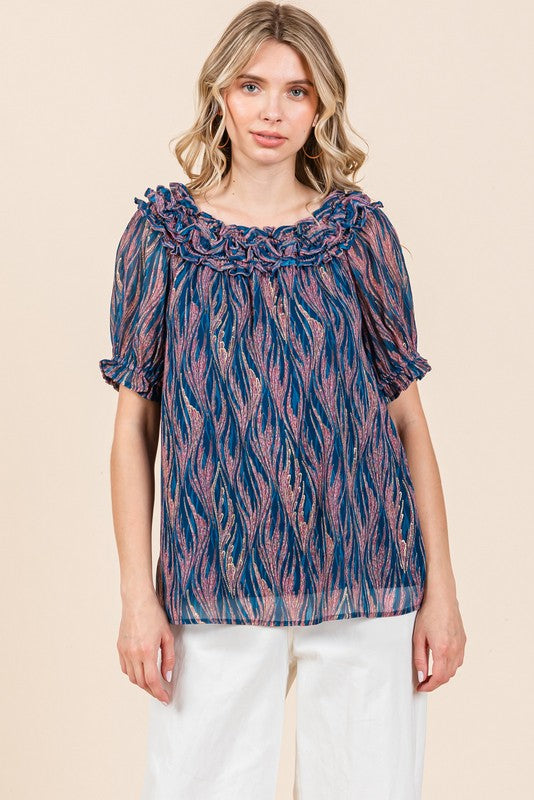 JODIFIL 5 - Ladies Teal Shiny Swirl Print Top
