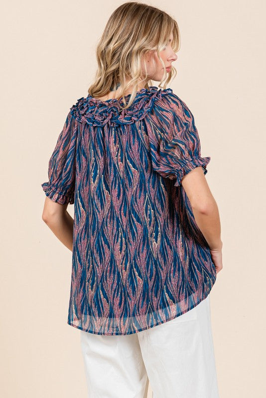 JODIFIL 5 - Ladies Teal Shiny Swirl Print Top