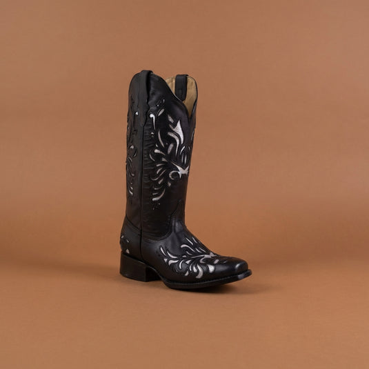 2812 - RockinLeather Women's Black Square Toe Western Boot w/ Silver Inlays