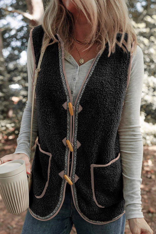 DLLS753 - Ladies Dark Grey Sherpa Contrast Patch Pocket Cartridge Toggle Button Vest