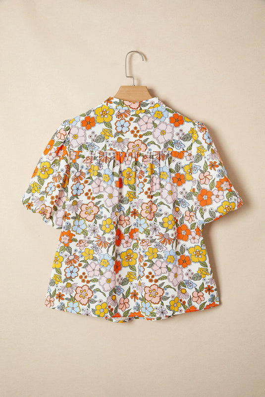 DLLS939 - Ladies Multicolour Crochet V Neckline Puff Sleeve Boho Flower Blouse