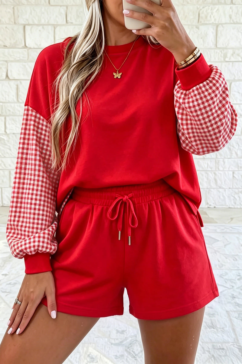 Load image into Gallery viewer, DLLS1011 - Ladies Red Plaid Patchwork Long Sleeve Top Solid Drawstring Shorts Set
