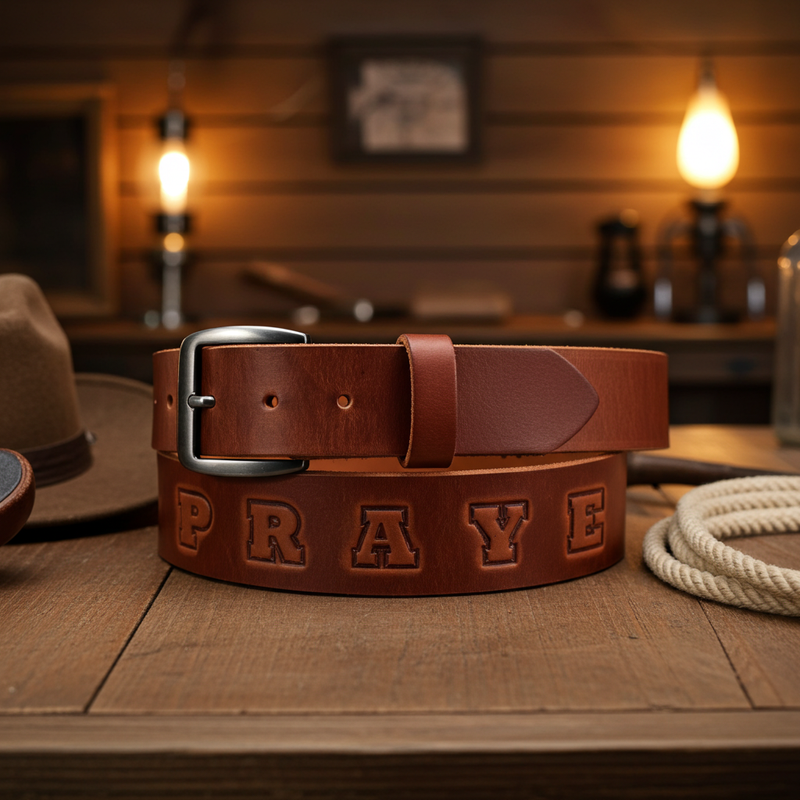 Load image into Gallery viewer, CP1003 - Cowboy Prayer Cowhide Leather Belt With &quot;Cowboy Prayer&quot; Stamped In
