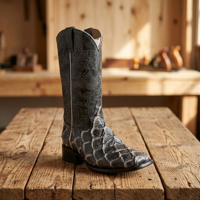 Load image into Gallery viewer, CP5013 - Cowboy Prayer Hand Crafted Blk/Wht/Grey Pirarucu Print Cowboy Boots
