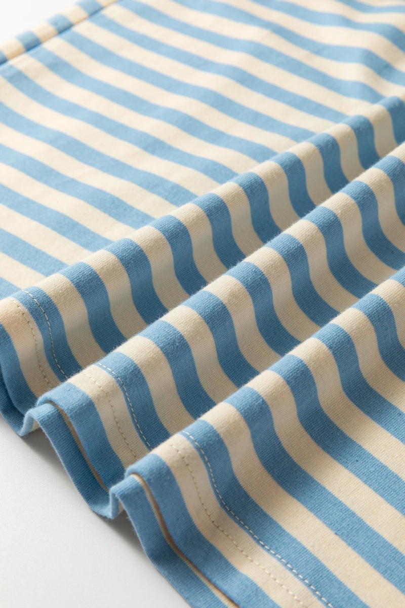 Load image into Gallery viewer, DLLS468 - Ladies Sky Blue Stripe Contrast Crew Neck Drop Shoulder Loose Tee
