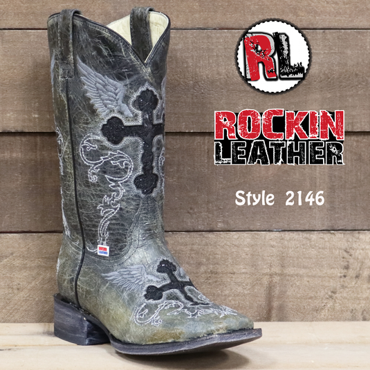 2146 - RockinLeather Women's Grey Crater Square Toe Western Boot