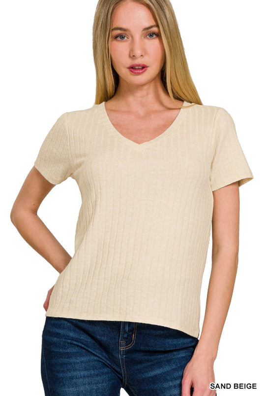 ZEN 5 - Ladies Ribbed Short Sleeve V Neck Top