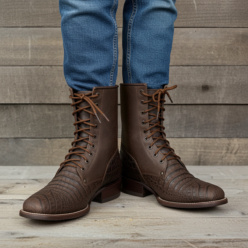 Load image into Gallery viewer, CP5002 - Cowboy Prayer Men&#39;s Gator Print Lace Up Packer Boots
