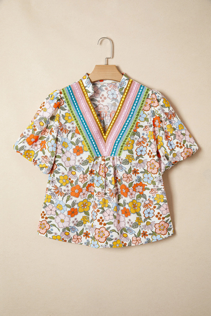 Load image into Gallery viewer, DLLS939 - Ladies Multicolour Crochet V Neckline Puff Sleeve Boho Flower Blouse

